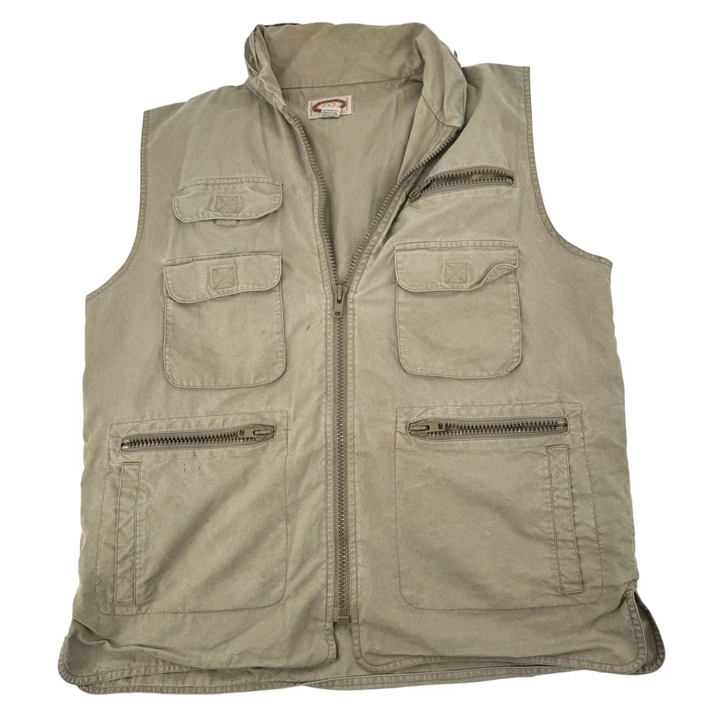 Vintage 80s Banana Republic Safari Vest‎ Mens L Khaki Tan Multi Pocket Utility